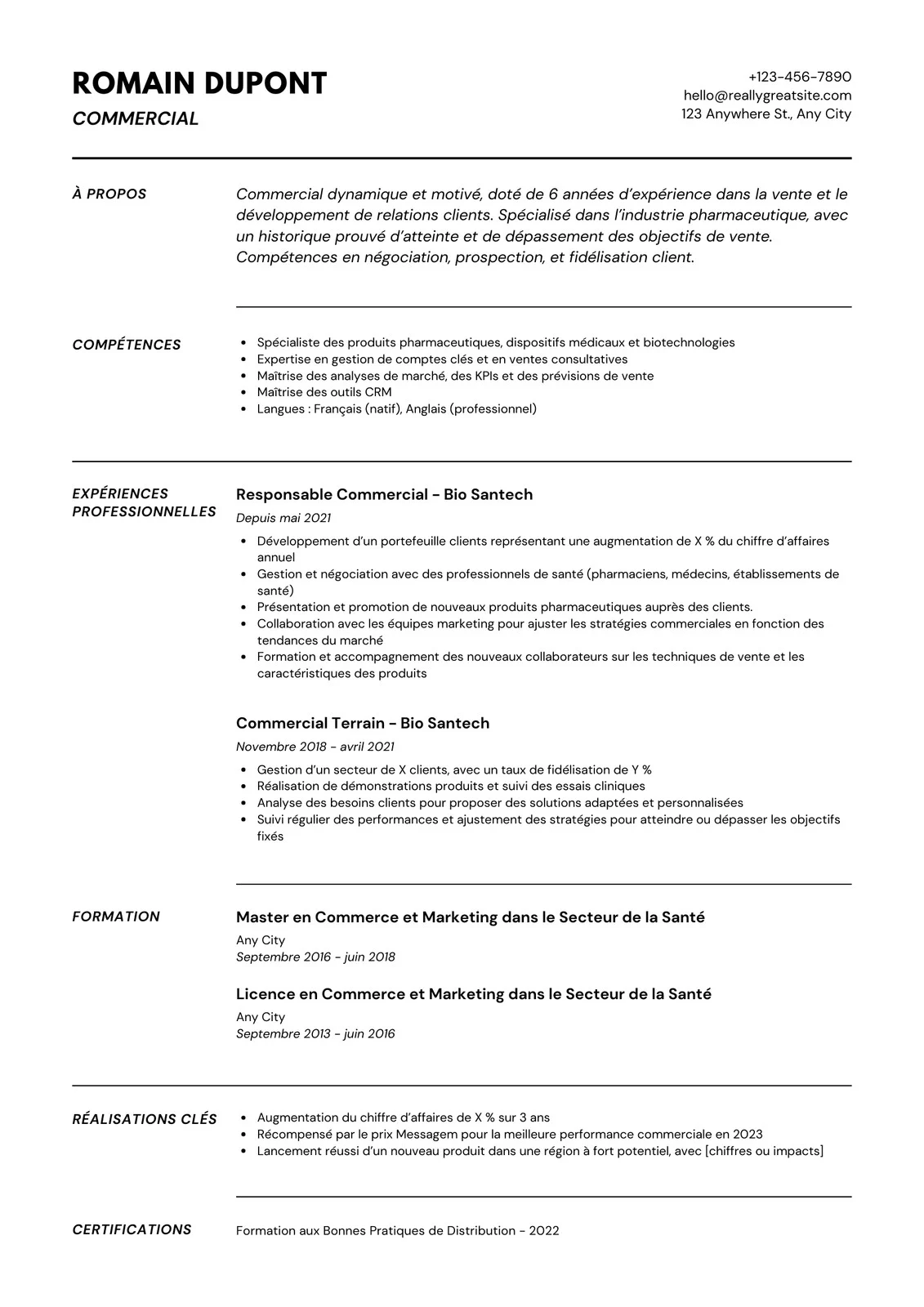 French commercial resume template